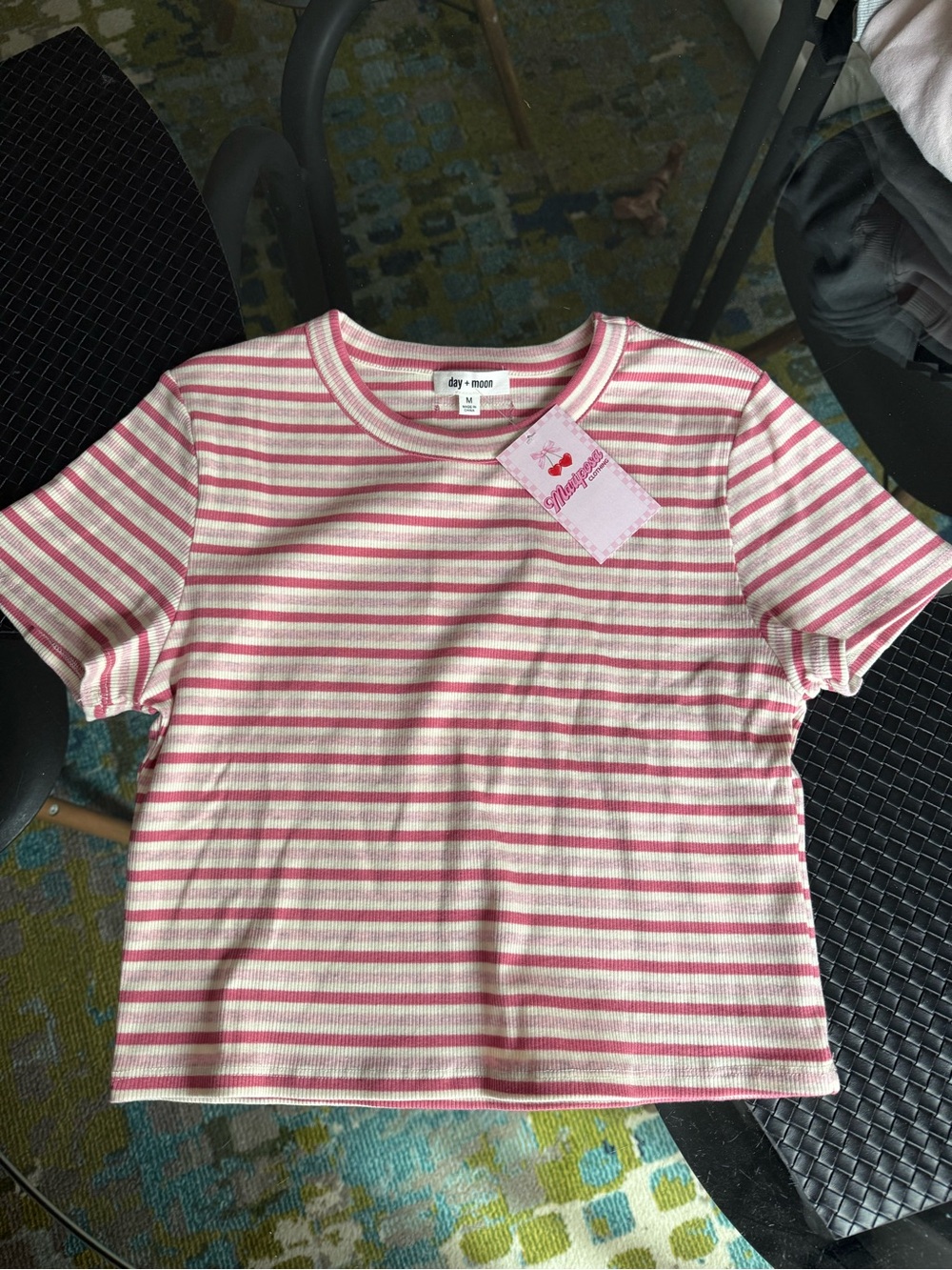 Mariposa Pink and White Striped Crop Tee